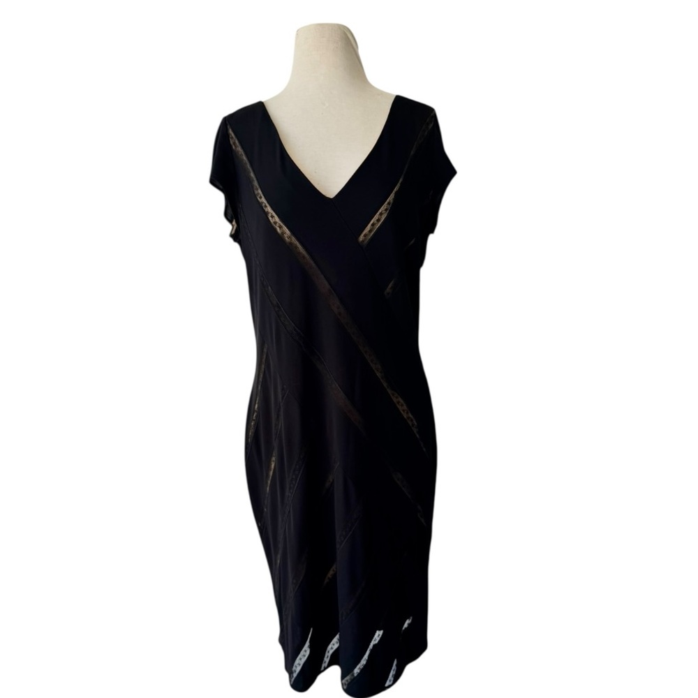Vtg Y2k Maggy London Black Knit Sheer Lace Illusion Sheath Dress Sz 14 NWT